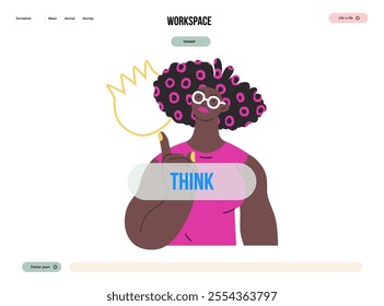 Thinking people, modern flat vector concept illustration- woman standing thoughtfully, looking upwards, bubble near head Metaphor for reflection, analysis, introspection, contemplation, deep thought