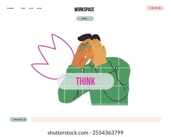 Thinking people, modern flat vector concept illustration- man standing thoughtfully, looking sideways, bubble near his head Metaphor for reflection, analysis, introspection, contemplation, deep