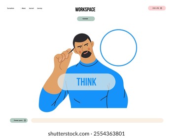 Thinking people, modern flat vector concept illustration- man standing thoughtfully, looking sideways, bubble near his head Metaphor for reflection, analysis, introspection, contemplation, deep