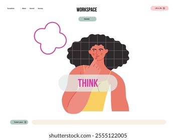 Thinking people, modern flat vector concept illustration- woman standing thoughtfully, looking sideways, bubble near head Metaphor for reflection, analysis, introspection, contemplation, deep thought