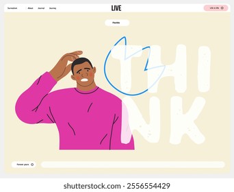 Thinking people, modern flat vector concept illustration- man standing thoughtfully, looking forward, bubble near his head Metaphor for reflection, analysis, introspection, contemplation, deep thought