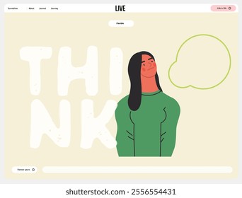 Thinking people, modern flat vector concept illustration- woman standing thoughtfully, looking upwards, bubble near head Metaphor for reflection, analysis, introspection, contemplation, deep thought