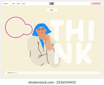 Thinking people, modern flat vector concept illustration- woman standing thoughtfully, looking sideways, bubble near head Metaphor for reflection, analysis, introspection, contemplation, deep thought