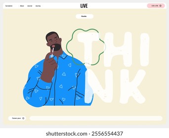 Thinking people, modern flat vector concept illustration- man standing thoughtfully, looking upwards, bubble near his head Metaphor for reflection, analysis, introspection, contemplation, deep thought