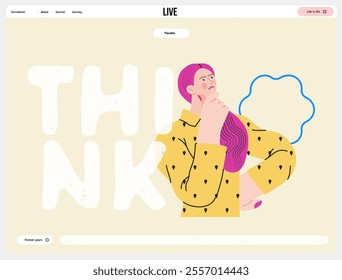 Thinking people, modern flat vector concept illustration- woman standing thoughtfully, looking upwards, bubble near head Metaphor for reflection, analysis, introspection, contemplation, deep thought