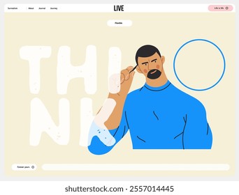 Thinking people, modern flat vector concept illustration- man standing thoughtfully, looking sideways, bubble near his head Metaphor for reflection, analysis, introspection, contemplation, deep