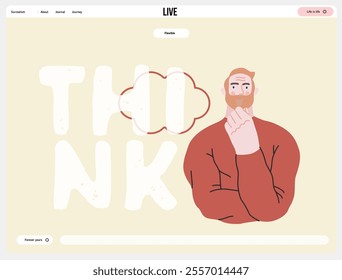 Thinking people, modern flat vector concept illustration- man standing thoughtfully, looking forward, bubble near his head Metaphor for reflection, analysis, introspection, contemplation, deep thought