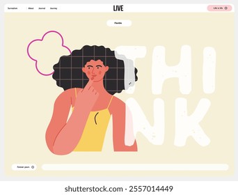 Thinking people, modern flat vector concept illustration- woman standing thoughtfully, looking sideways, bubble near head Metaphor for reflection, analysis, introspection, contemplation, deep thought