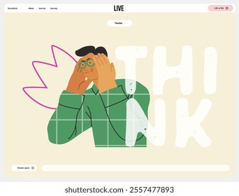 Thinking people, modern flat vector concept illustration- man standing thoughtfully, looking sideways, bubble near his head Metaphor for reflection, analysis, introspection, contemplation, deep