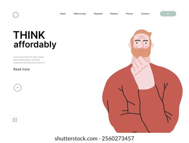 Thinking people, modern flat vector concept illustration- man standing thoughtfully, looking forward. Metaphor for reflection, analysis, introspection, contemplation, deep thought