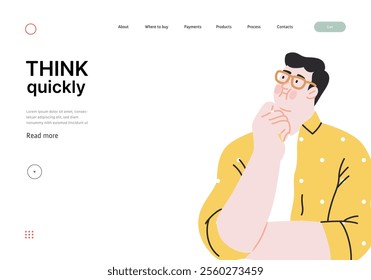 Thinking people, modern flat vector concept illustration- man standing thoughtfully, looking upwards. Metaphor for reflection, analysis, introspection, contemplation, deep thought