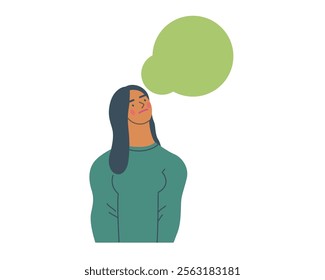 Thinking people, modern flat vector concept illustration- woman standing thoughtfully, looking upwards, bubble near head Metaphor for reflection, analysis, introspection, contemplation, deep thought