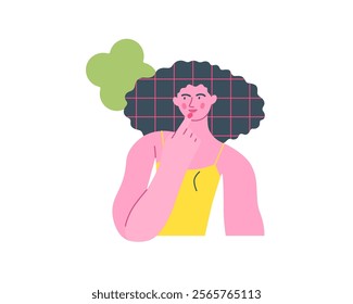 Thinking people, modern flat vector concept illustration- woman standing thoughtfully, looking sideways, bubble near head Metaphor for reflection, analysis, introspection, contemplation, deep thought