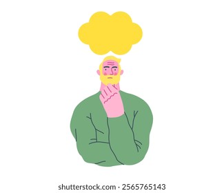 Thinking people, modern flat vector concept illustration- man standing thoughtfully, looking forward, bubble near his head Metaphor for reflection, analysis, introspection, contemplation, deep thought