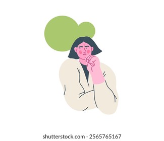 Thinking people, modern flat vector concept illustration- woman standing thoughtfully, looking sideways, bubble near head Metaphor for reflection, analysis, introspection, contemplation, deep thought