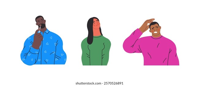 Thinking people, modern flat vector concept illustrations set- people standing thoughtfully. Metaphor for reflection, analysis, introspection, contemplation, deep thought