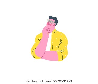 Thinking people, modern flat vector concept illustration- man standing thoughtfully, looking upwards. Metaphor for reflection, analysis, introspection, contemplation, deep thought