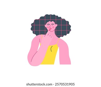 Thinking people, modern flat vector concept illustration- woman standing thoughtfully, looking sideways. Metaphor for reflection, analysis, introspection, contemplation, deep thought