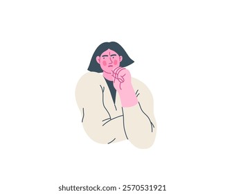 Thinking people, modern flat vector concept illustration- woman standing thoughtfully, looking sideways. Metaphor for reflection, analysis, introspection, contemplation, deep thought