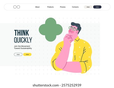 Thinking people, modern flat vector concept illustration- man standing thoughtfully, looking upwards, bubble near his head Metaphor for reflection, analysis, introspection, contemplation, deep thought