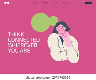 Thinking people, modern flat vector concept illustration- woman standing thoughtfully, looking sideways, bubble near head Metaphor for reflection, analysis, introspection, contemplation, deep thought