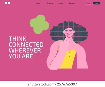 Thinking people, modern flat vector concept illustration- woman standing thoughtfully, looking sideways, bubble near head Metaphor for reflection, analysis, introspection, contemplation, deep thought