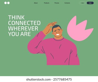 Thinking people, modern flat vector concept illustration- man standing thoughtfully, looking forward, bubble near his head Metaphor for reflection, analysis, introspection, contemplation, deep thought