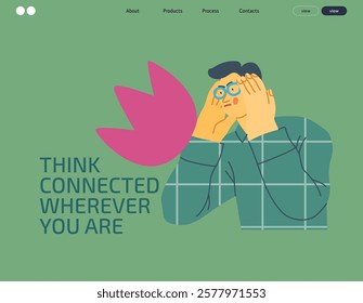 Thinking people, modern flat vector concept illustration- man standing thoughtfully, looking sideways, bubble near his head Metaphor for reflection, analysis, introspection, contemplation, deep