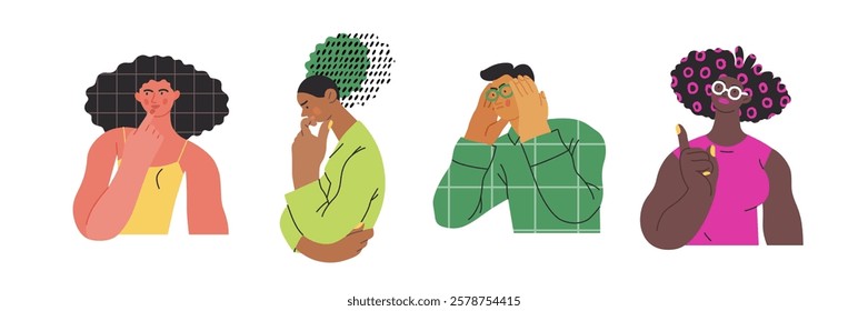 Thinking people, modern flat vector concept illustrations set- people standing thoughtfully. Metaphor for reflection, analysis, introspection, contemplation, deep thought