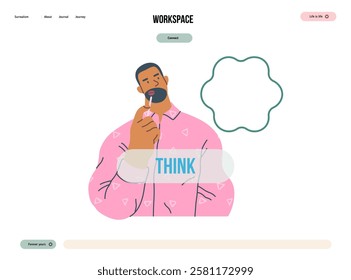 Thinking people, modern flat vector concept illustration- man standing thoughtfully, looking upwards, bubble near his head Metaphor for reflection, analysis, introspection, contemplation, deep thought