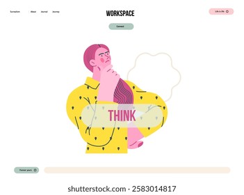 Thinking people, modern flat vector concept illustration- woman standing thoughtfully, looking upwards, bubble near head Metaphor for reflection, analysis, introspection, contemplation, deep thought