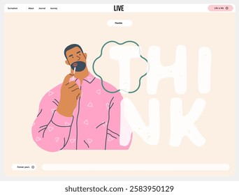 Thinking people, modern flat vector concept illustration- man standing thoughtfully, looking upwards, bubble near his head Metaphor for reflection, analysis, introspection, contemplation, deep thought