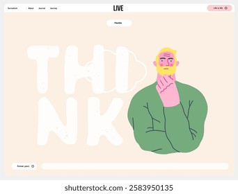 Thinking people, modern flat vector concept illustration- man standing thoughtfully, looking forward, bubble near his head Metaphor for reflection, analysis, introspection, contemplation, deep thought
