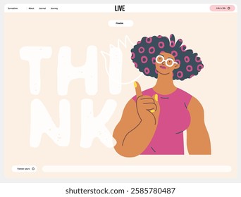 Thinking people, modern flat vector concept illustration- woman standing thoughtfully, looking upwards, bubble near head Metaphor for reflection, analysis, introspection, contemplation, deep thought