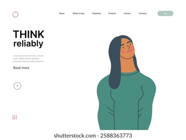 Thinking people, modern flat vector concept illustration- woman standing thoughtfully, looking upwards. Metaphor for reflection, analysis, introspection, contemplation, deep thought