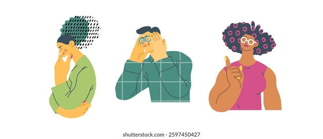 Thinking people, modern flat vector concept illustrations set- people standing thoughtfully. Metaphor for reflection, analysis, introspection, contemplation, deep thought