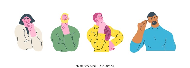 Thinking people, modern flat vector concept illustrations set- people standing thoughtfully. Metaphor for reflection, analysis, introspection, contemplation, deep thought