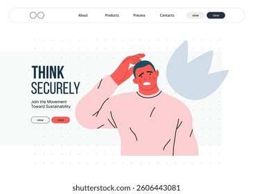 Thinking people, modern flat vector concept illustration- man standing thoughtfully, looking forward, bubble near his head Metaphor for reflection, analysis, introspection, contemplation, deep thought