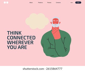 Thinking people, modern flat vector concept illustration- man standing thoughtfully, looking forward, bubble near his head Metaphor for reflection, analysis, introspection, contemplation, deep thought