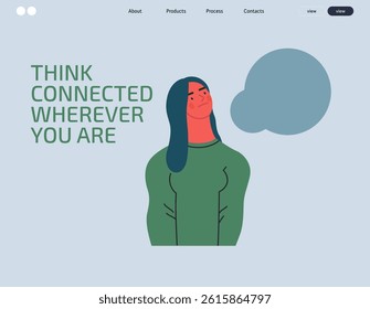 Thinking people, modern flat vector concept illustration- woman standing thoughtfully, looking upwards, bubble near head Metaphor for reflection, analysis, introspection, contemplation, deep thought