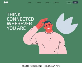 Thinking people, modern flat vector concept illustration- man standing thoughtfully, looking forward, bubble near his head Metaphor for reflection, analysis, introspection, contemplation, deep thought