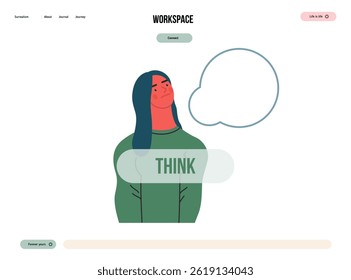 Thinking people, modern flat vector concept illustration- woman standing thoughtfully, looking upwards, bubble near head Metaphor for reflection, analysis, introspection, contemplation, deep thought