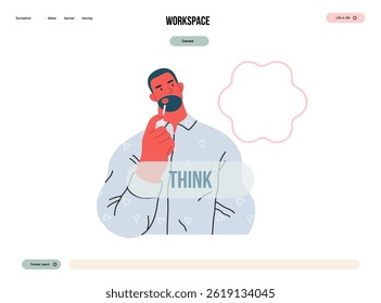 Thinking people, modern flat vector concept illustration- man standing thoughtfully, looking upwards, bubble near his head Metaphor for reflection, analysis, introspection, contemplation, deep thought