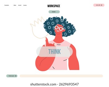 Thinking people, modern flat vector concept illustration- woman standing thoughtfully, looking upwards, bubble near head Metaphor for reflection, analysis, introspection, contemplation, deep thought