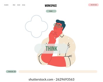 Thinking people, modern flat vector concept illustration- man standing thoughtfully, looking upwards, bubble near his head Metaphor for reflection, analysis, introspection, contemplation, deep thought