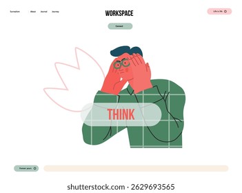 Thinking people, modern flat vector concept illustration- man standing thoughtfully, looking sideways, bubble near his head Metaphor for reflection, analysis, introspection, contemplation, deep