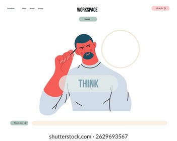 Thinking people, modern flat vector concept illustration- man standing thoughtfully, looking sideways, bubble near his head Metaphor for reflection, analysis, introspection, contemplation, deep