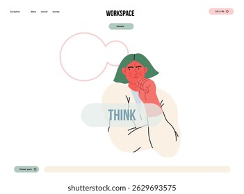 Thinking people, modern flat vector concept illustration- woman standing thoughtfully, looking sideways, bubble near head Metaphor for reflection, analysis, introspection, contemplation, deep thought
