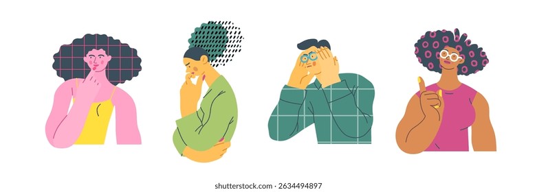 Pensando pessoas, conceito de vetor plano moderno ilustrações set- pessoas de pé pensativamente. Metáfora para reflexão, análise, introspecção, contemplação, pensamento profundo
