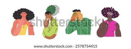 Thinking people, modern flat vector concept illustrations set- people standing thoughtfully. Metaphor for reflection, analysis, introspection, contemplation, deep thought